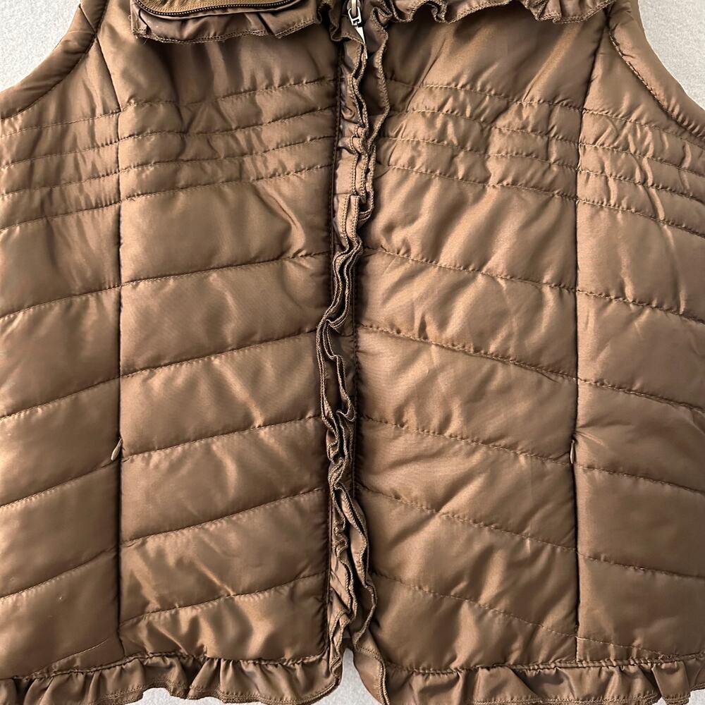New Directions Brown Puffer Vest W/ Faux Fur Collar And Ruffle Detail Womens XL - Picture 4 of 12
